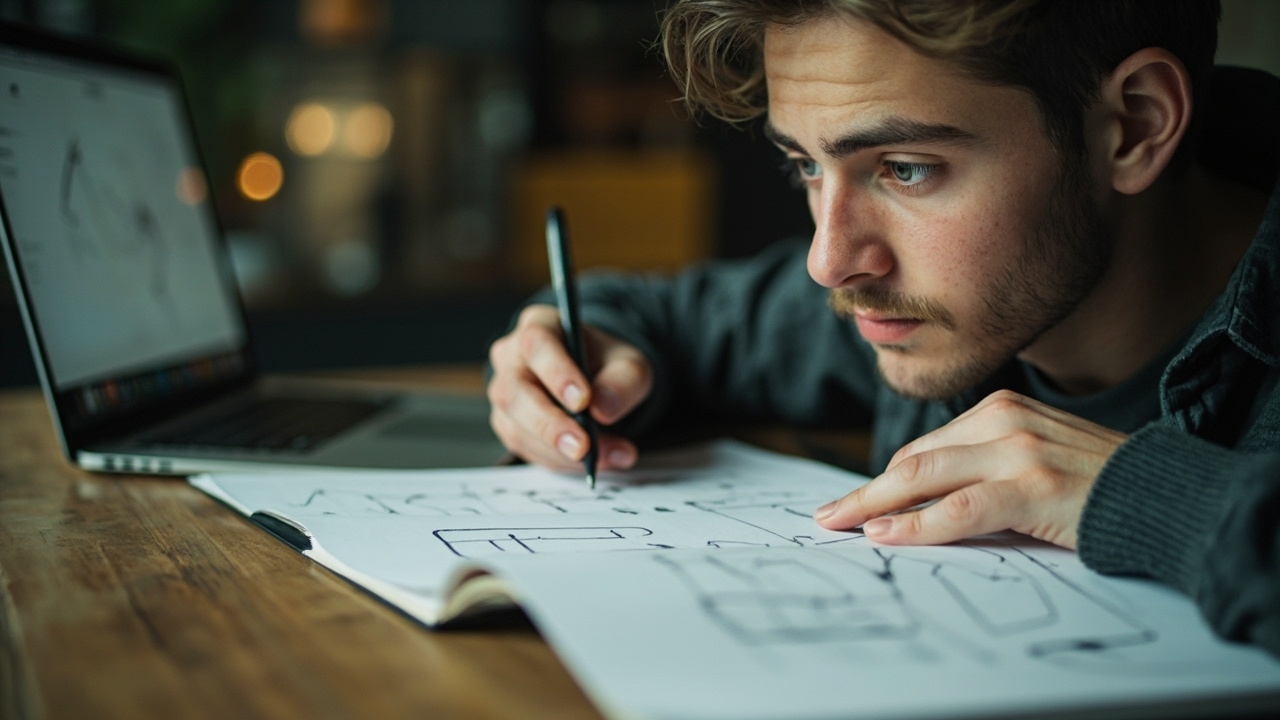 A real working moment illustrating the theme of an article about 404 page design. Wide 16:9 banner, one strong focal point, magazine editorial quality, authentic and unstaged.