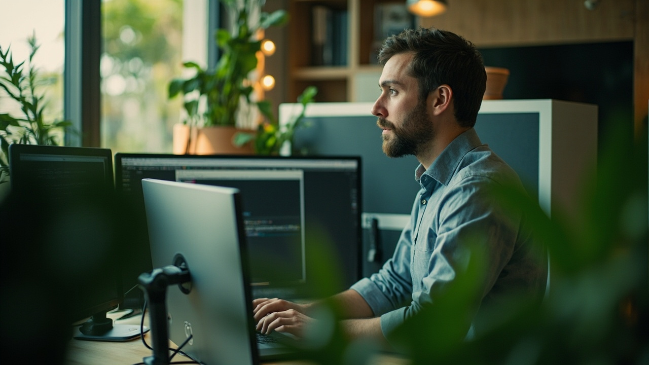 A real working moment illustrating the theme of an article about web speech api. Wide 16:9 banner, one strong focal point, magazine editorial quality, authentic and unstaged.