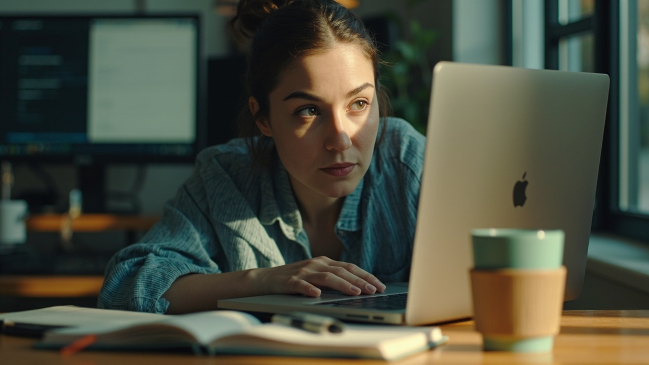 A real working moment illustrating the theme of an article about block theme template hierarchy. Wide 16:9 banner, one strong focal point, magazine editorial quality, authentic and unstaged.